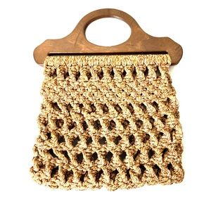 Boho Cottagecore Wood Handle Straw Crochet Handbag